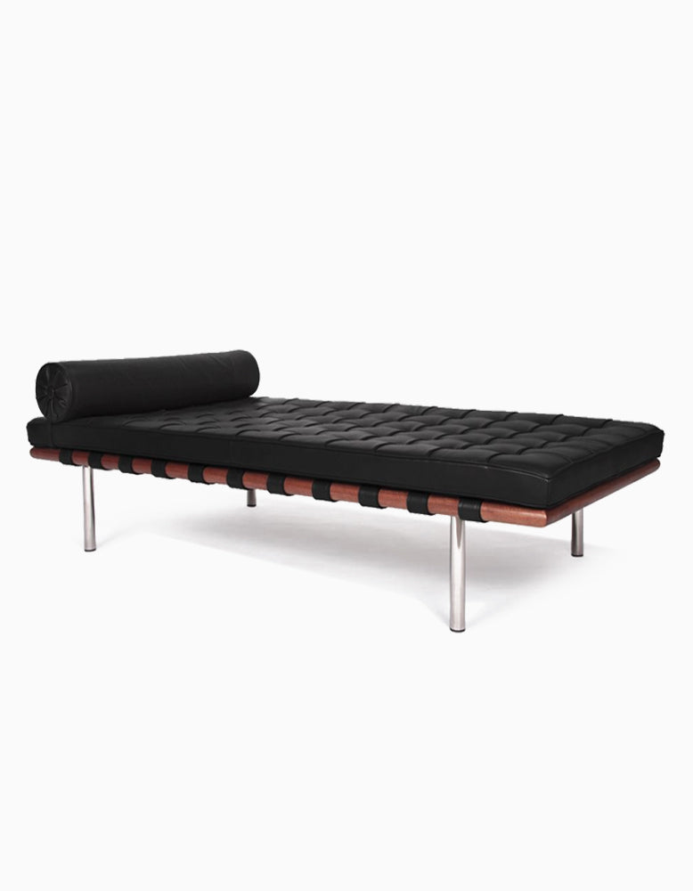 Barcelona Style Daybed, White Leather, Wood Frame