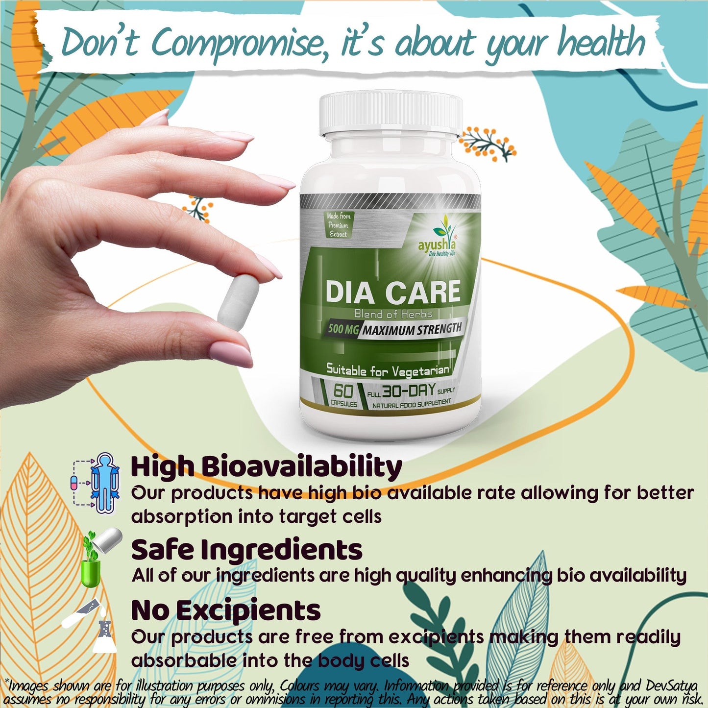 Ayushya Dia Care Capsules (Glucose Care Blend) Glucose Wellness Support - Vegan, Gluten Free, Non-GMO, 60 Capsules