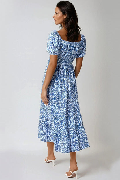 Blue Animal Print Shirred Midi Dress