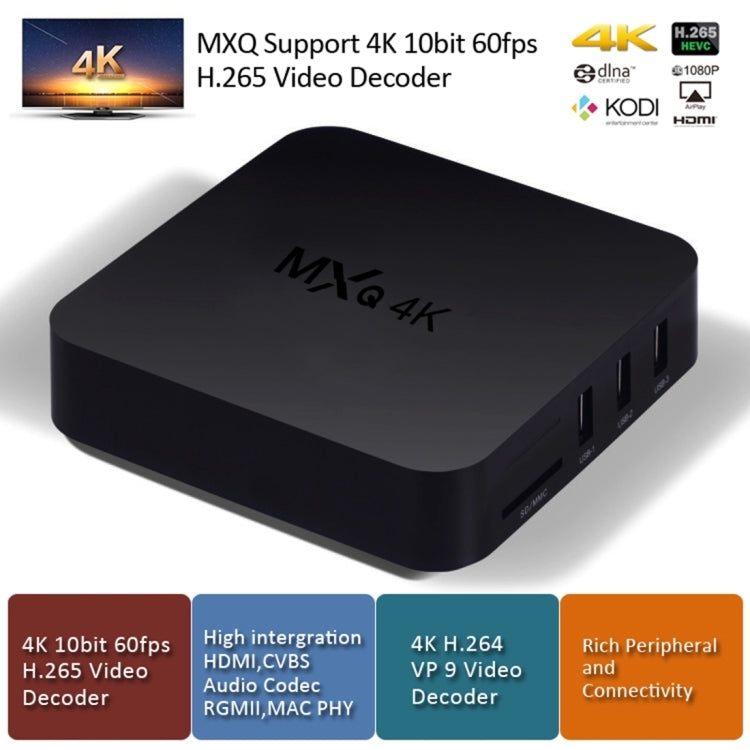 MXQ 4K Full HD Media Player, RK3229 Quad-Core, Android 9.0 TV Box with Remote, 1GB RAM, 8GB ROM, HDMI, WiFi, Miracast, DLNA (UK Plug)