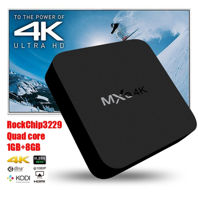 MXQ 4K Full HD Media Player, RK3229 Quad-Core, Android 9.0 TV Box with Remote, 1GB RAM, 8GB ROM, HDMI, WiFi, Miracast, DLNA (UK Plug)