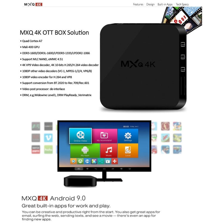 MXQ 4K Full HD Media Player, RK3229 Quad-Core, Android 9.0 TV Box with Remote, 1GB RAM, 8GB ROM, HDMI, WiFi, Miracast, DLNA (UK Plug)