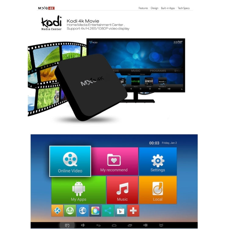 MXQ 4K Full HD Media Player, RK3229 Quad-Core, Android 9.0 TV Box with Remote, 1GB RAM, 8GB ROM, HDMI, WiFi, Miracast, DLNA (UK Plug)