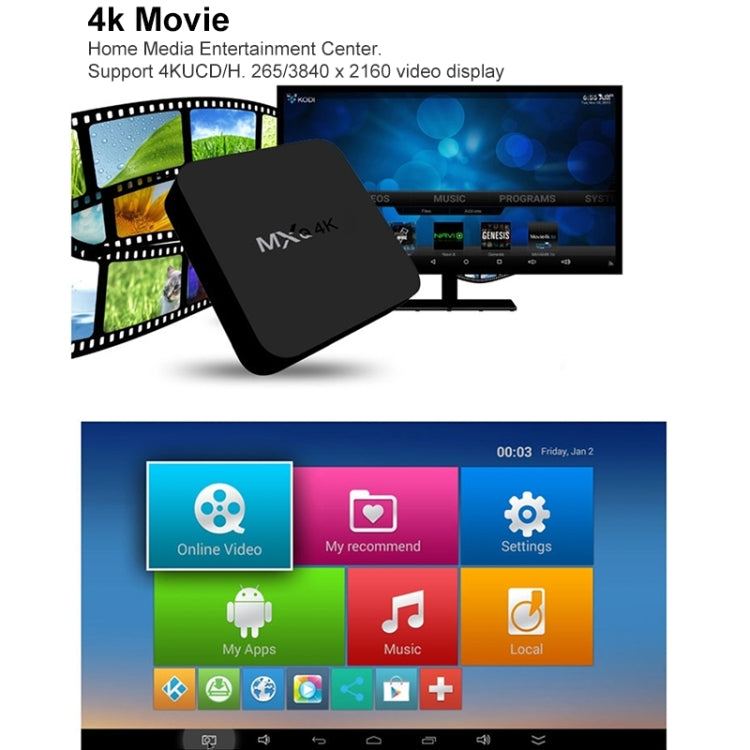 MXQ 4K HD Media Player, RK3229 Quad Core, Android 9.0, 1GB RAM, 8GB ROM, HDMI, WiFi, EU Plug