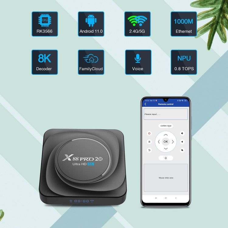 X88 Pro 20 4K Smart TV Box: Android 11.0, RK3566 Quad-Core, 4GB RAM, 32GB ROM, Dual-Band WiFi, Bluetooth, Ethernet, EU Plug
