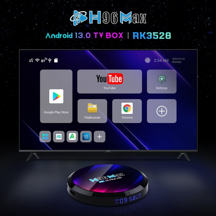 H96 Max 8K Ultra HD Smart TV Box Android 13.0 Media Player with Remote Control, RK3528 Quad-Core, 4GB+64GB(EU Plug)