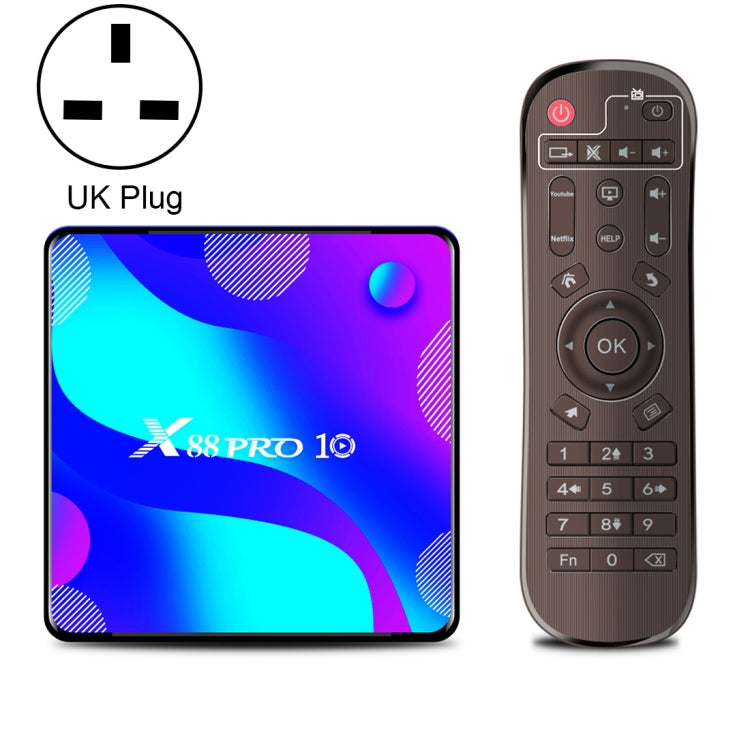 X88 Pro 10 4K Ultra HD Android TV Box with Remote Controller, Android 10.0, RK3318 Quad-Core 64bit Cortex-A53, 4GB+32GB, Support Bluetooth / Dual-Band WiFi / TF Card / USB / AV / Ethernet(UK Plug)