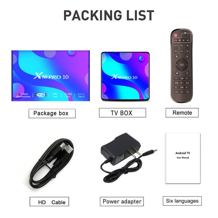 X88 Pro 10 4K Ultra HD Android TV Box with Remote Controller, Android 10.0, RK3318 Quad-Core 64bit Cortex-A53, 4GB+32GB, Support Bluetooth / Dual-Band WiFi / TF Card / USB / AV / Ethernet(UK Plug)