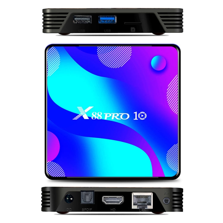 X88 Pro 10 4K Ultra HD Android TV Box with Remote Controller, Android 10.0, RK3318 Quad-Core 64bit Cortex-A53, 4GB+32GB, Support Bluetooth / Dual-Band WiFi / TF Card / USB / AV / Ethernet(UK Plug)