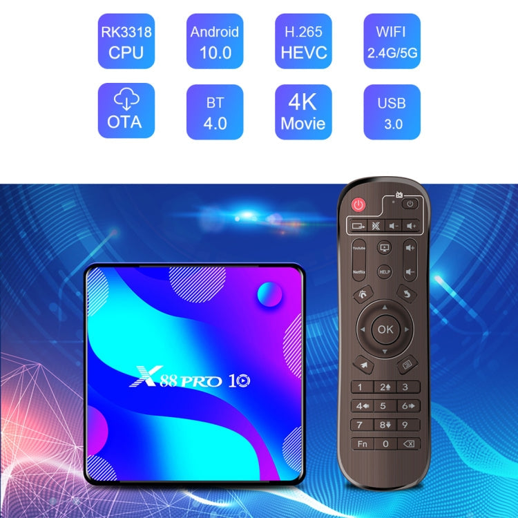 X88 Pro 10 4K Ultra HD Android TV Box with Remote Controller, Android 10.0, RK3318 Quad-Core 64bit Cortex-A53, 4GB+32GB, Support Bluetooth / Dual-Band WiFi / TF Card / USB / AV / Ethernet(UK Plug)