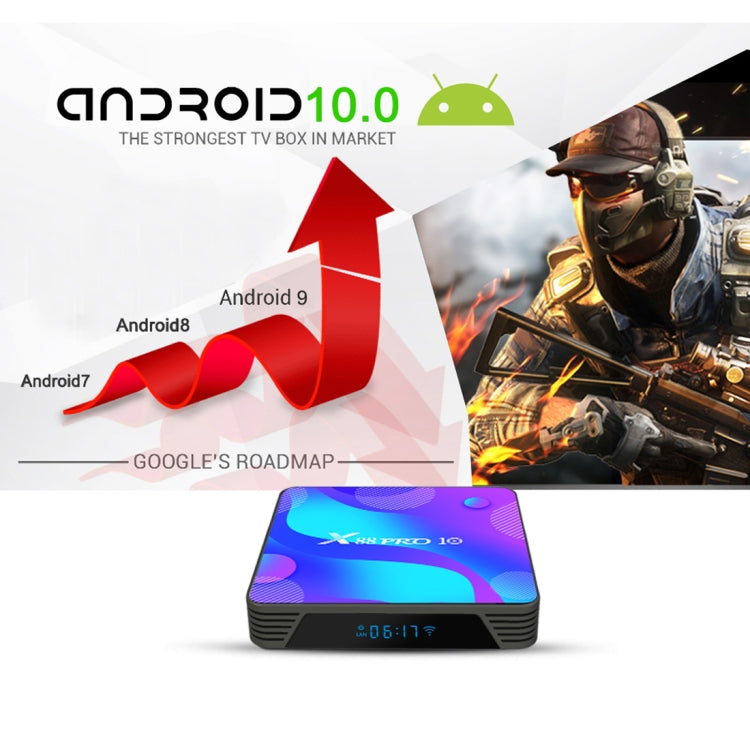 X88 Pro 10 4K Ultra HD Android TV Box with Remote Controller, Android 10.0, RK3318 Quad-Core 64bit Cortex-A53, 4GB+32GB, Support Bluetooth / Dual-Band WiFi / TF Card / USB / AV / Ethernet(UK Plug)