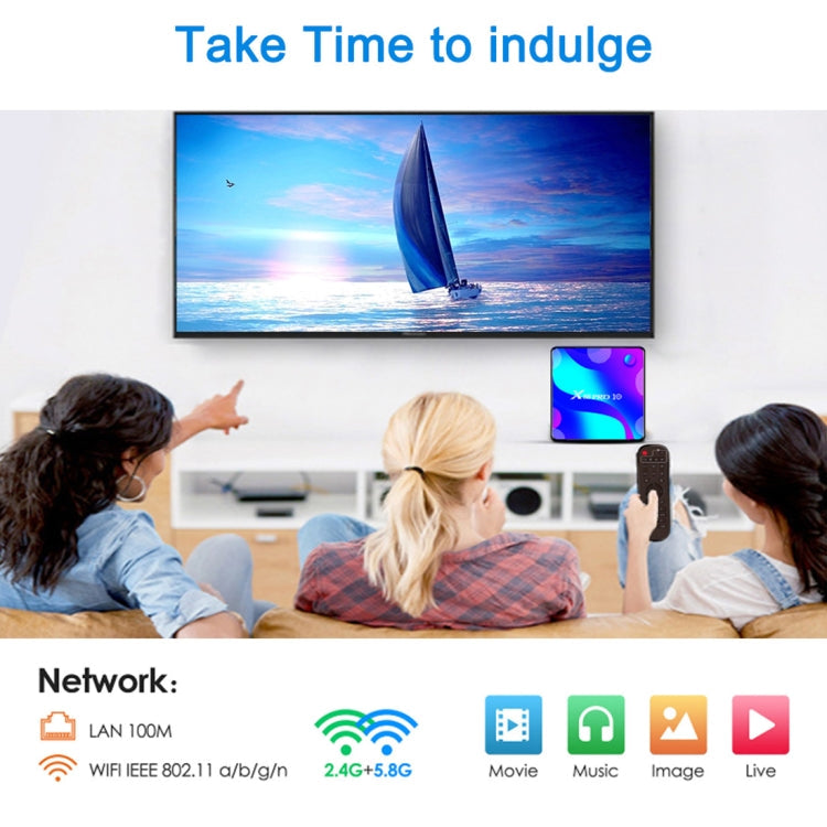 X88 Pro 10 4K Ultra HD Android TV Box with Remote Controller, Android 10.0, RK3318 Quad-Core 64bit Cortex-A53, 4GB+32GB, Support Bluetooth / Dual-Band WiFi / TF Card / USB / AV / Ethernet(UK Plug)