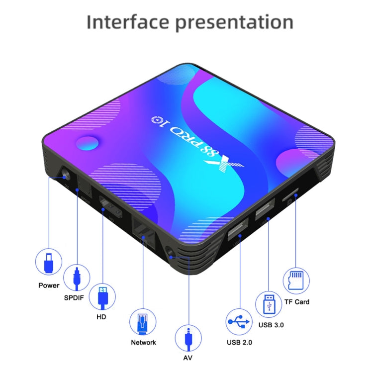 X88 Pro 10 4K Ultra HD Android TV Box with Remote Controller, Android 10.0, RK3318 Quad-Core 64bit Cortex-A53, 4GB+32GB, Support Bluetooth / Dual-Band WiFi / TF Card / USB / AV / Ethernet(UK Plug)