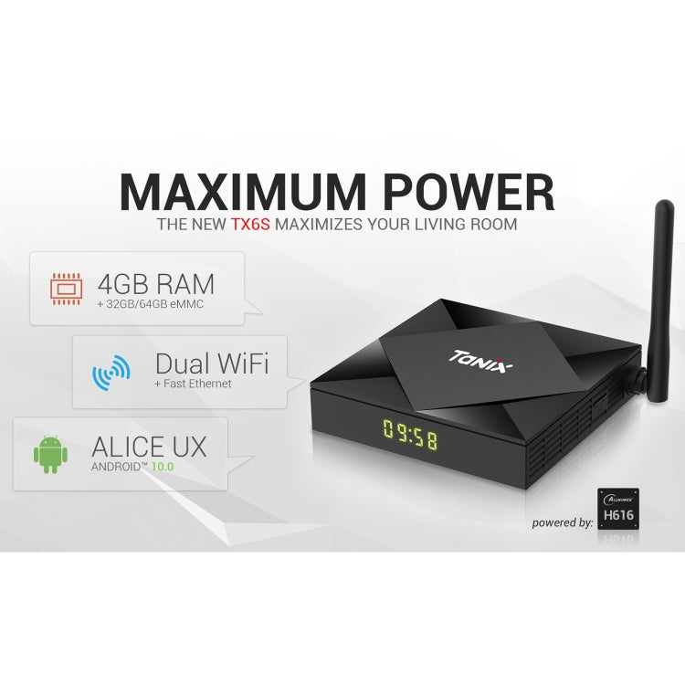 TANIX TX6s 4K Smart TV BOX Android 10 Media Player with Remote Control, Quad Core Allwinner H616, RAM: 4GB, ROM: 32GB, 2.4GHz/5GHz WiFi, Bluetooth, UK Plug