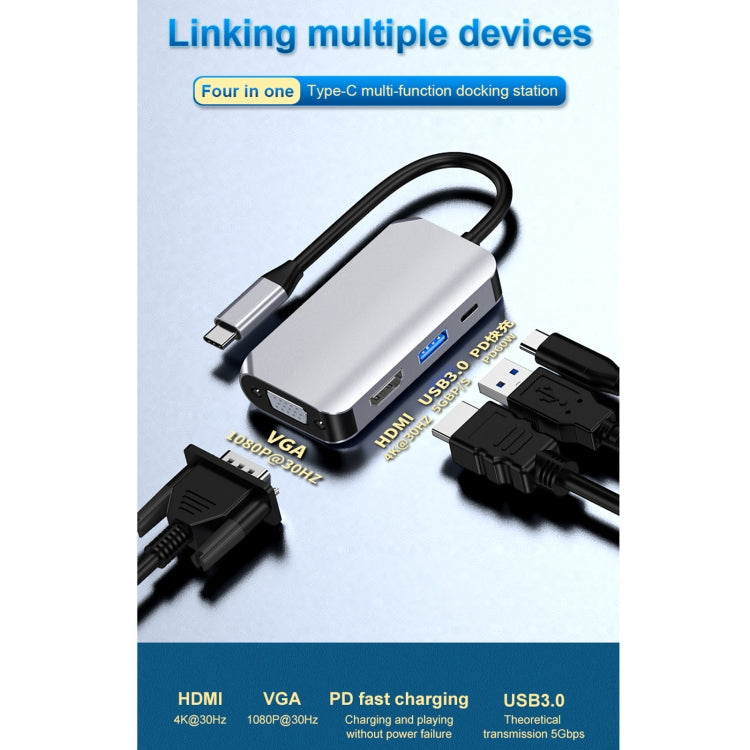 HW-6004 4 In 1 Type-C / USB-C to HDMI + PD + USB 3.0 + VGA Docking Station Adapter Converter(Grey)