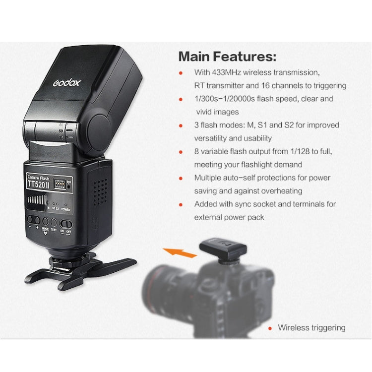 Godox TT520II 433MHZ Wireless 1/300s-1/2000s HSS Flash Speedlite Camera Top Fill Light for Canon / Nikon DSLR Cameras(Black)