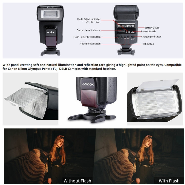 Godox TT520II 433MHZ Wireless 1/300s-1/2000s HSS Flash Speedlite Camera Top Fill Light for Canon / Nikon DSLR Cameras(Black)