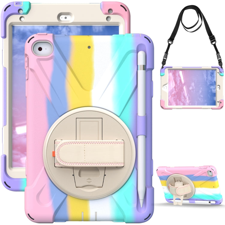 Shockproof Colorful Silicone + PC Protective Case with Holder & Shoulder Strap & Hand Strap For iPad Mini (2019)(Pink)
