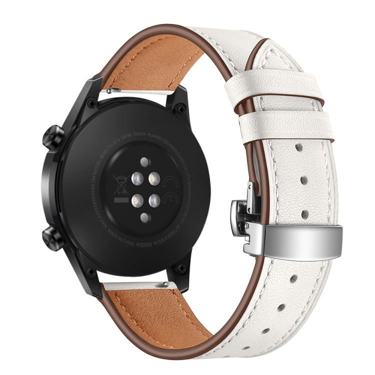 22mm Universal Butterfly Buckle Leather Replacement Strap Watchband, Silver Buckle