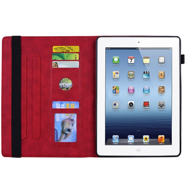 For iPad 4 & 3 & 2 Calf Pattern Double Folding Design Embossed Leather Case with Holder & Card Slots & Pen Slot & Elastic Band(Red)