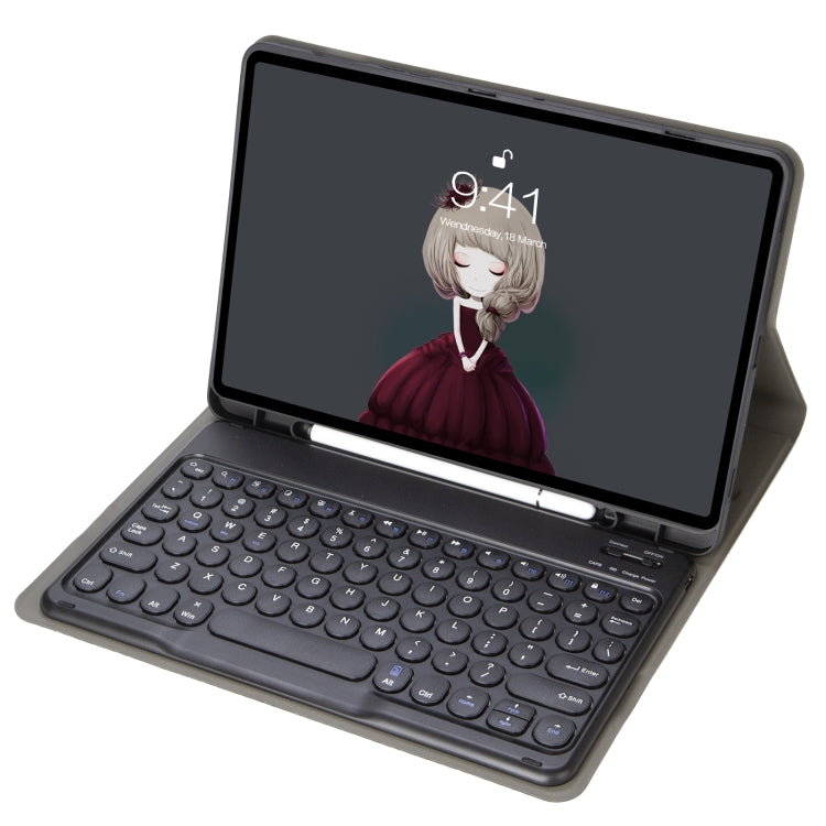 YA11B 2021 Detachable Lambskin Texture Round Keycap Bluetooth Keyboard Leather Case with Pen Slot & Stand, For iPad Pro 11 2021 / Air4 / Air5 / Pro 11