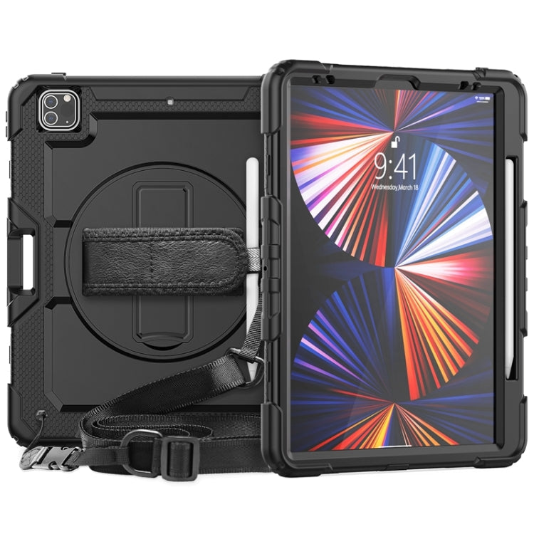 For iPad Pro 12.9 2022 / 2021 / 2020 / 2018 Shockproof Colorful Silicone + PC Protective Tablet Case with Holder & Shoulder Strap & Hand Strap & Pen Slot(All Black)