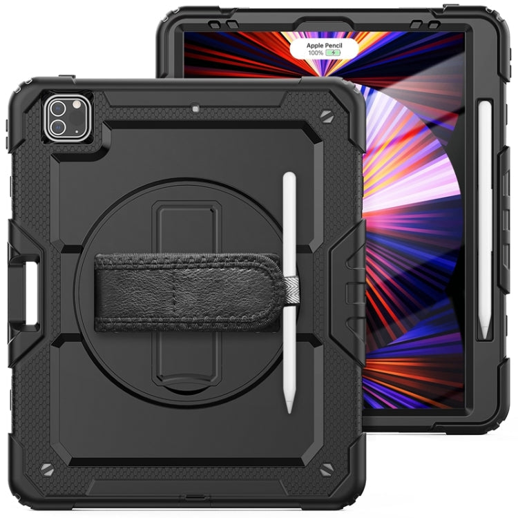 For iPad Pro 12.9 2022 / 2021 / 2020 / 2018 Shockproof Colorful Silicone + PC Protective Tablet Case with Holder & Shoulder Strap & Hand Strap & Pen Slot(All Black)