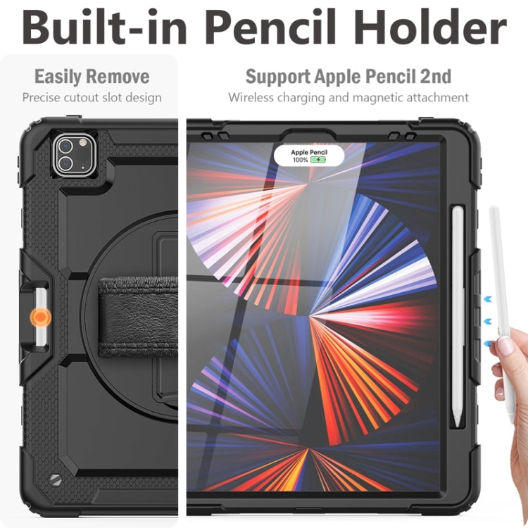 For iPad Pro 12.9 2022 / 2021 / 2020 / 2018 Shockproof Colorful Silicone + PC Protective Tablet Case with Holder & Shoulder Strap & Hand Strap & Pen Slot(All Black)
