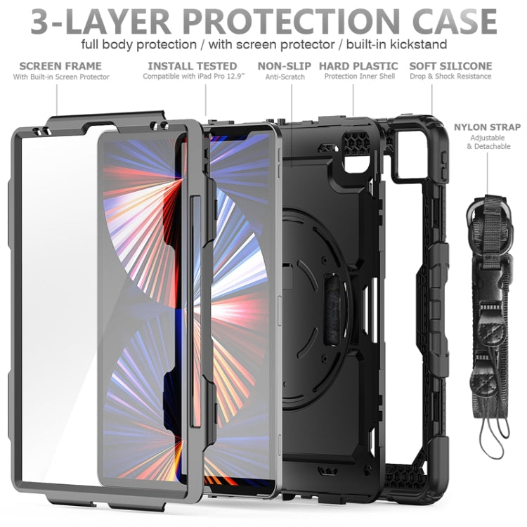 For iPad Pro 12.9 2022 / 2021 / 2020 / 2018 Shockproof Colorful Silicone + PC Protective Tablet Case with Holder & Shoulder Strap & Hand Strap & Pen Slot(All Black)