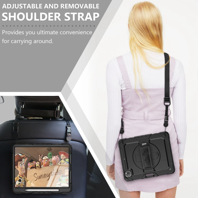 For iPad Pro 12.9 2022 / 2021 / 2020 / 2018 Shockproof Colorful Silicone + PC Protective Tablet Case with Holder & Shoulder Strap & Hand Strap & Pen Slot(All Black)