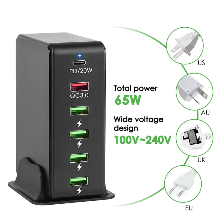 6 in 1 65W PD USB-C / Type-C + QC 3.0 USB + 4 USB Multi-port Travel Charger, UK Plug(Black)