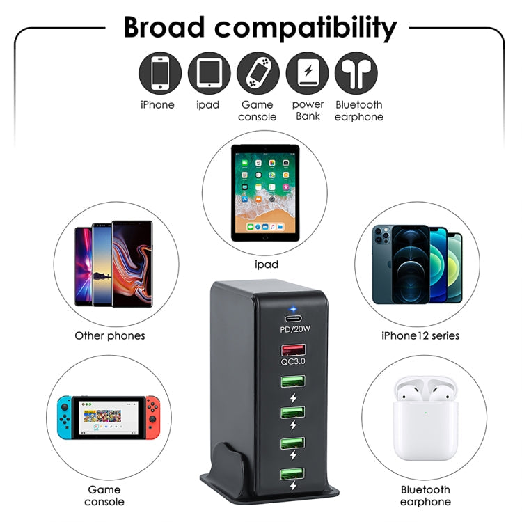 6 in 1 65W PD USB-C / Type-C + QC 3.0 USB + 4 USB Multi-port Travel Charger, UK Plug(Black)