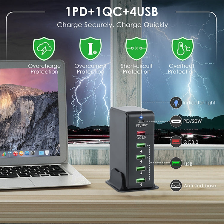6 in 1 65W PD USB-C / Type-C + QC 3.0 USB + 4 USB Multi-port Travel Charger, UK Plug(Black)