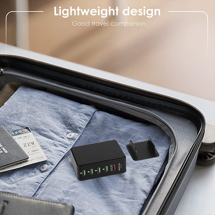 6 in 1 65W PD USB-C / Type-C + QC 3.0 USB + 4 USB Multi-port Travel Charger, UK Plug(Black)