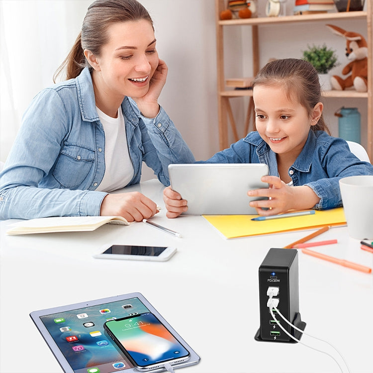 6 in 1 65W PD USB-C / Type-C + QC 3.0 USB + 4 USB Multi-port Travel Charger, UK Plug(Black)