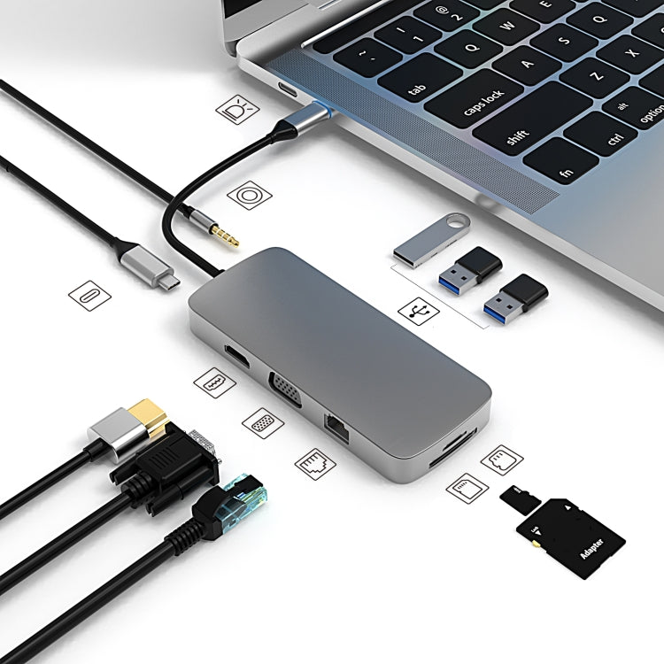 Basix BL10V 10 in 1 USB-C / Type-C to RJ45 + VGA + HDMI + 3.5mm AUX + SD / TF Card Slot + PD USB-C / Type-C + USB 3.0 + 2 USB 2.0 Ports Docking Station HUB