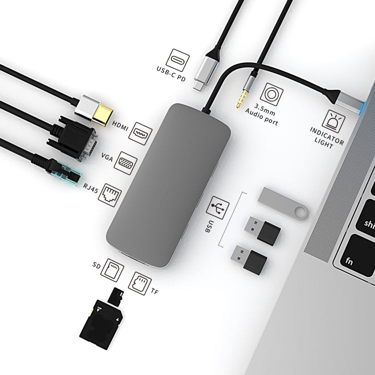 Basix BL10V 10 in 1 USB-C / Type-C to RJ45 + VGA + HDMI + 3.5mm AUX + SD / TF Card Slot + PD USB-C / Type-C + USB 3.0 + 2 USB 2.0 Ports Docking Station HUB