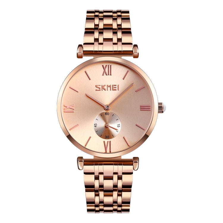 SKMEI 9198 Simple Roman Numeral Dial Metal Belt Quartz Watch for Couples(Rose Gold Men)