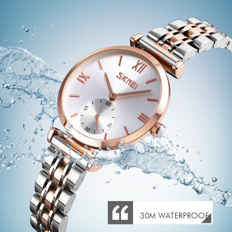 SKMEI 9198 Simple Roman Numeral Dial Metal Belt Quartz Watch for Couples(Rose Gold Men)