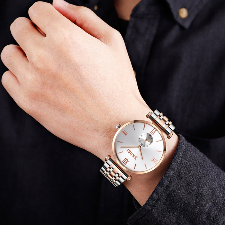 SKMEI 9198 Simple Roman Numeral Dial Metal Belt Quartz Watch for Couples(Rose Gold Men)