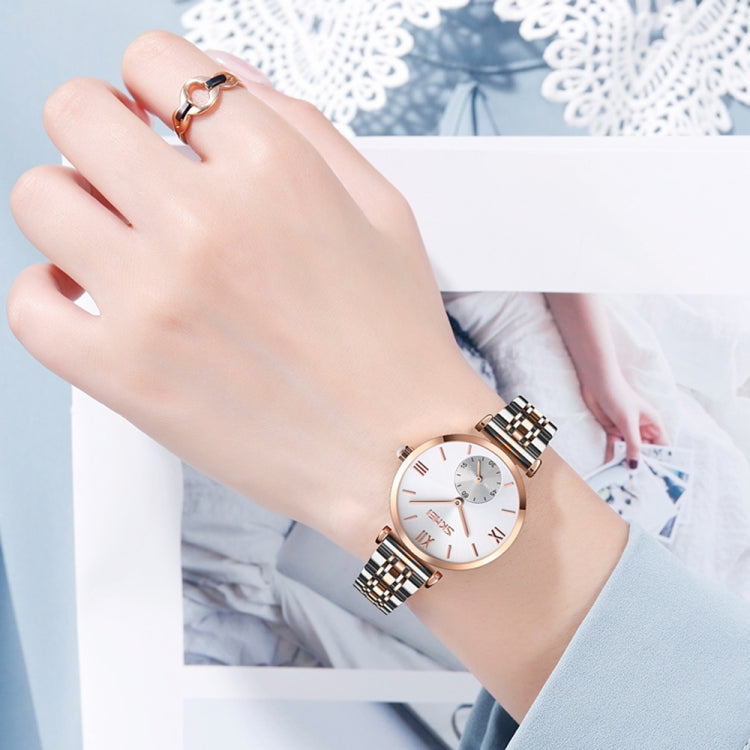 SKMEI 9198 Simple Roman Numeral Dial Metal Belt Quartz Watch for Couples(Rose Gold Men)