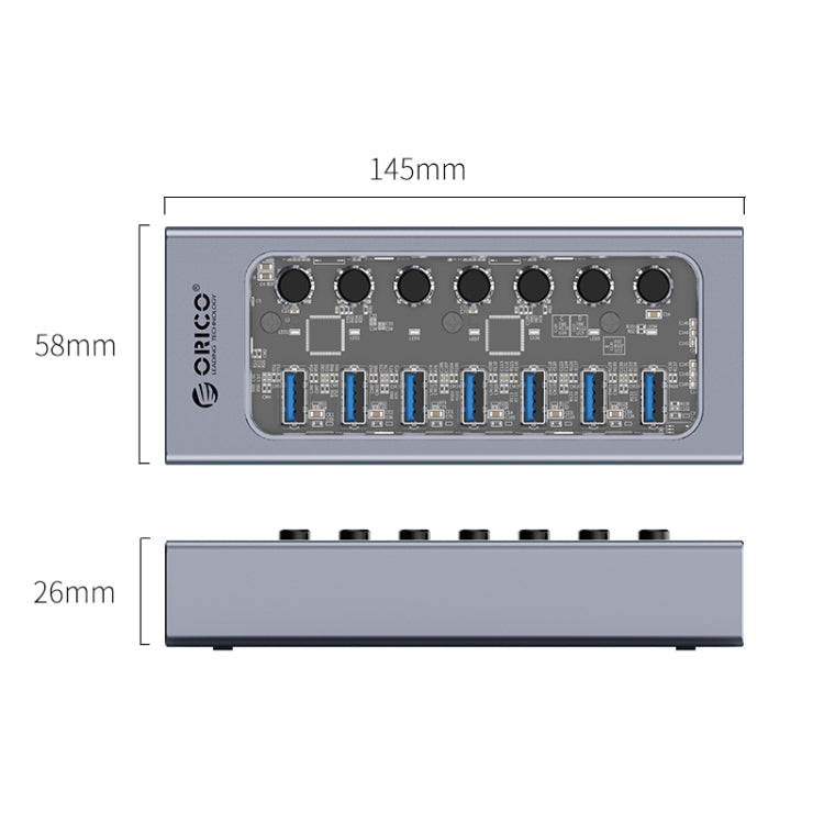 ORICO AT2U3-7AB-GY-BP 7 In 1 Aluminum Alloy Multi-Port USB HUB with Individual Switches, EU Plug