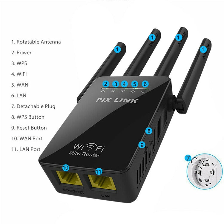 Wireless Smart WiFi Router Repeater with 4 WiFi Antennas, Plug Specification:UK Plug(Black)