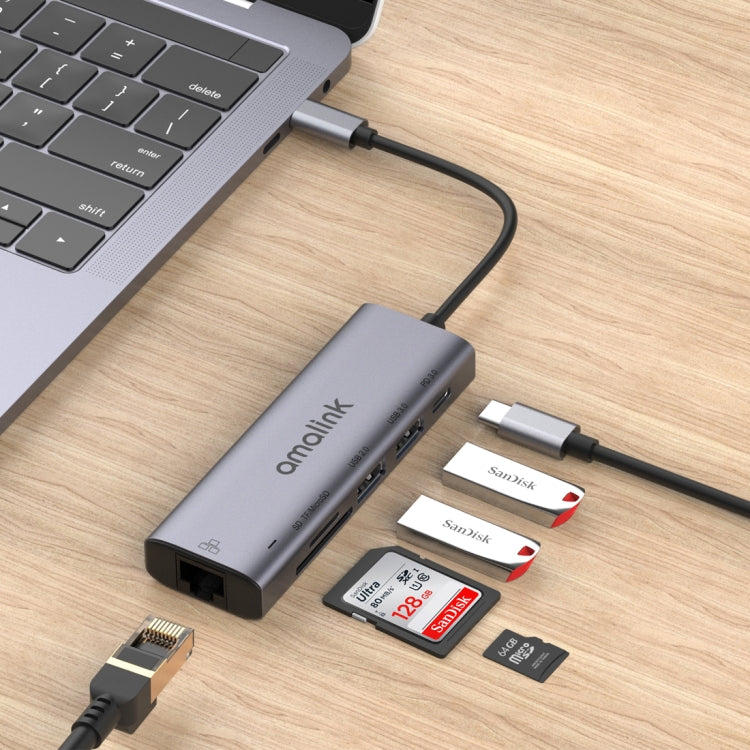 amalink 95122D Type-C / USB-C to RJ45 + 2 Ports USB + PD 3.0 Multi-function HUB, 95122D