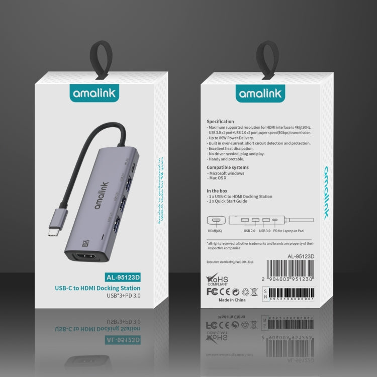 amalink 95123D Type-C / USB-C to HDMI + 3 Ports USB + PD 3.0 Multi-function HUB, 95123D