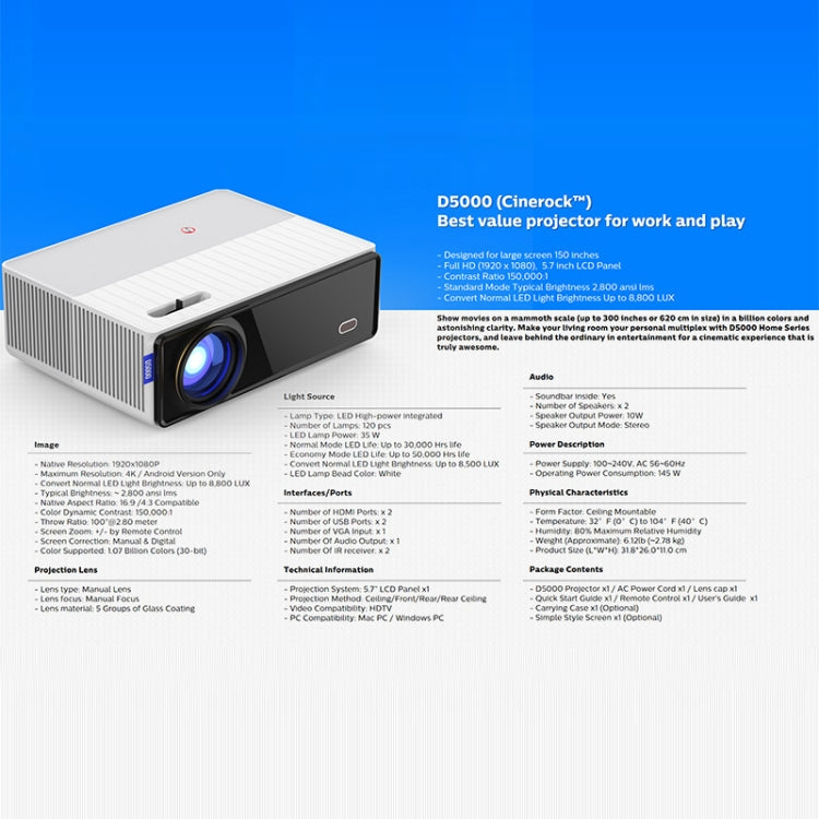 D5000 1920x1080P 420ANSI 6000Lumens LCD + LED HD Digital Projector,, Basic Version, Screen Mirroring, Android 9.0