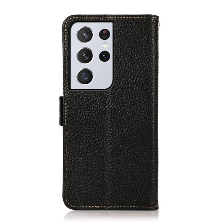 KHAZNEH Side-Magnetic Litchi Genuine Leather RFID Phone Case, For Samsung Galaxy S21 Ultra 5G, For Samsung Galaxy S22+ 5G, For Samsung Galaxy S22 5G, For Samsung Galaxy S22 Ultra 5G, For Samsung Galaxy Xcover 5, For Samsung Galaxy A03 164mm Version