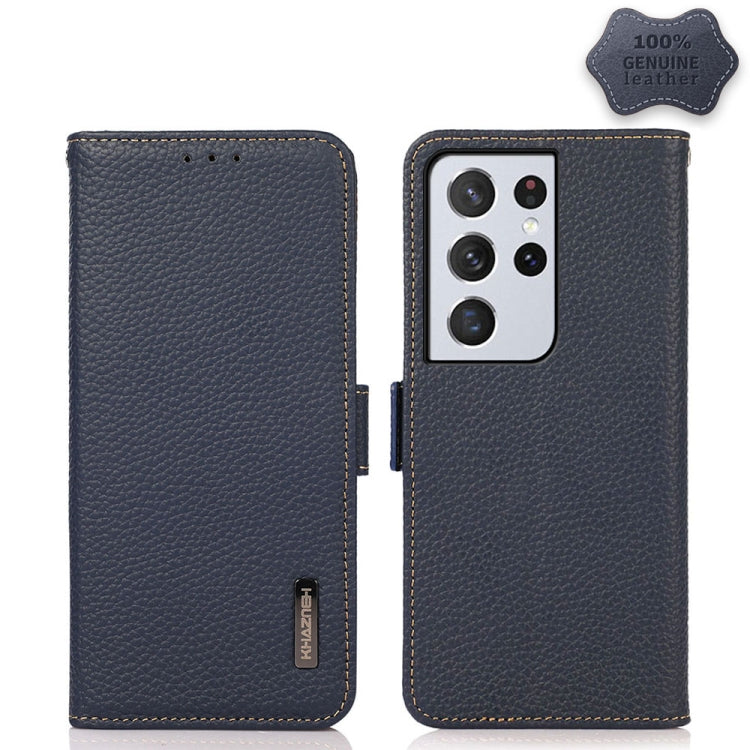 KHAZNEH Side-Magnetic Litchi Genuine Leather RFID Phone Case, For Samsung Galaxy S21 Ultra 5G, For Samsung Galaxy S22+ 5G, For Samsung Galaxy S22 5G, For Samsung Galaxy S22 Ultra 5G, For Samsung Galaxy Xcover 5, For Samsung Galaxy A03 164mm Version