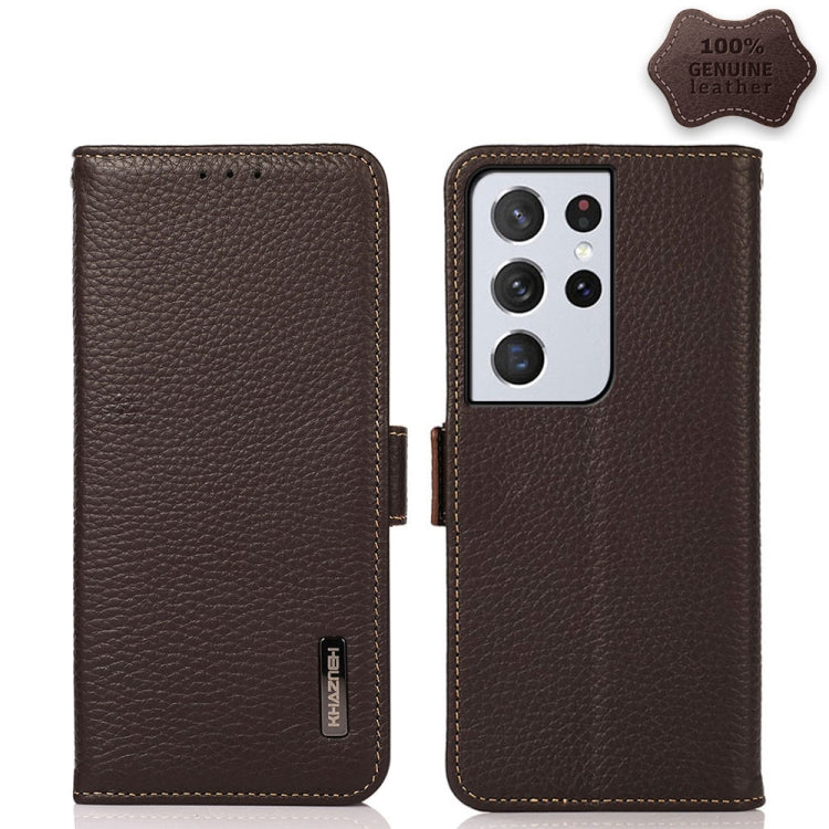 KHAZNEH Side-Magnetic Litchi Genuine Leather RFID Phone Case, For Samsung Galaxy S21 Ultra 5G, For Samsung Galaxy S22+ 5G, For Samsung Galaxy S22 5G, For Samsung Galaxy S22 Ultra 5G, For Samsung Galaxy Xcover 5, For Samsung Galaxy A03 164mm Version