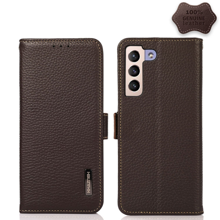 KHAZNEH Side-Magnetic Litchi Genuine Leather RFID Phone Case, For Samsung Galaxy S21 Ultra 5G, For Samsung Galaxy S22+ 5G, For Samsung Galaxy S22 5G, For Samsung Galaxy S22 Ultra 5G, For Samsung Galaxy Xcover 5, For Samsung Galaxy A03 164mm Version